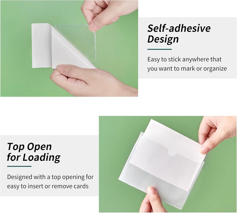 Ohuimrt 52 Pack Clear Adhesive 3.5" x 2" Index Card Pockets With Top Open, Plastic Card Sleeves Index Card Holder for Organizing Storage Bins, Library Cards, Notes, Drawer - Image 4